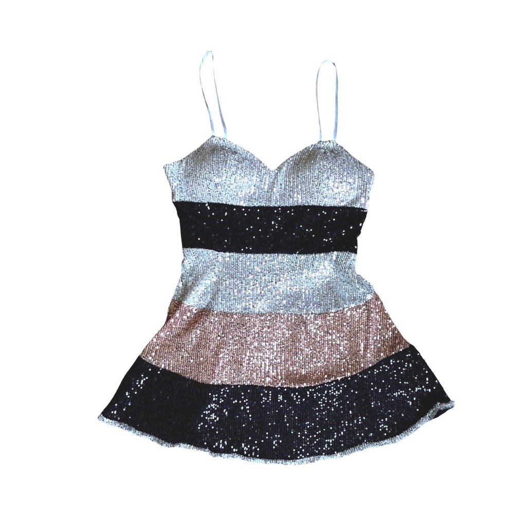 Silver Black Rose Gold Sequin Striped Mini Dress Party S Disco Y2K Sparkly‎ Glam